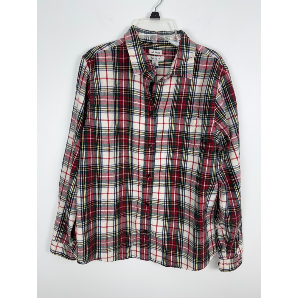 LL Bean Relaxed Fit Flannel Shirt Women's Medium Red Green Plaid Cotton Cozy
